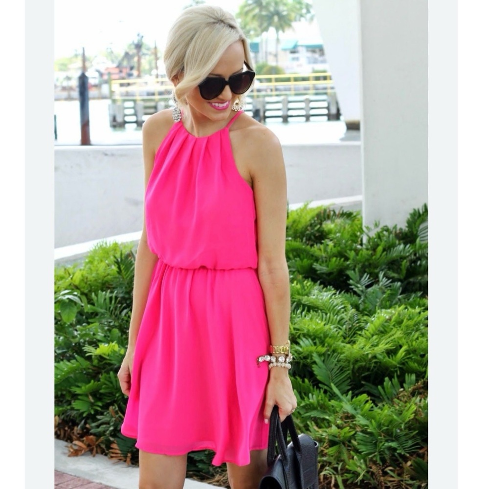 Lush Hot Pink Halter Dress Women’s Small Sleeveless Fit & Flare Summer Mini